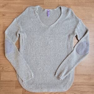 Alya Womens Open Knit Sweater M Elbow Patches Semi Sheer Beachy Boho Cottage